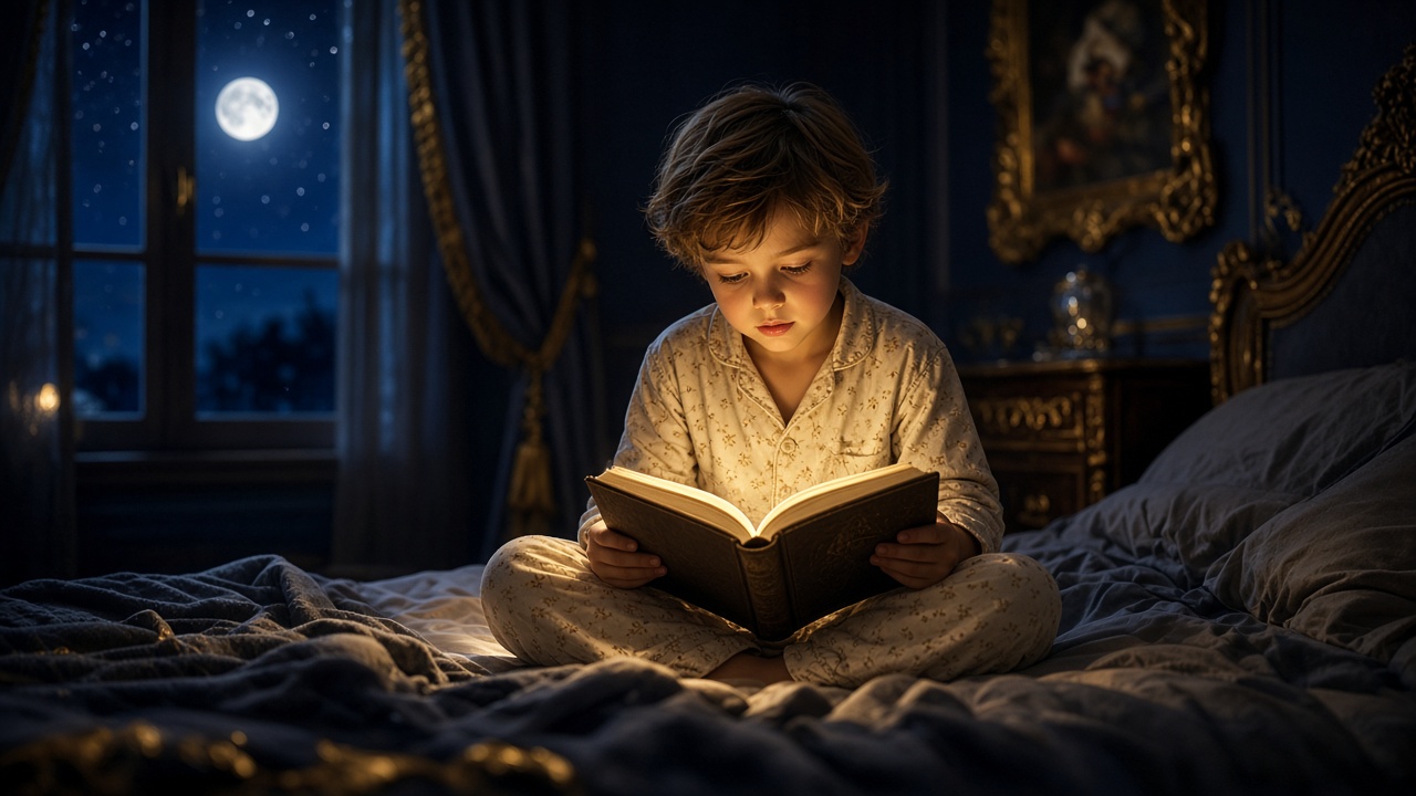 A child in pajamas reading a glowing storybook in bed