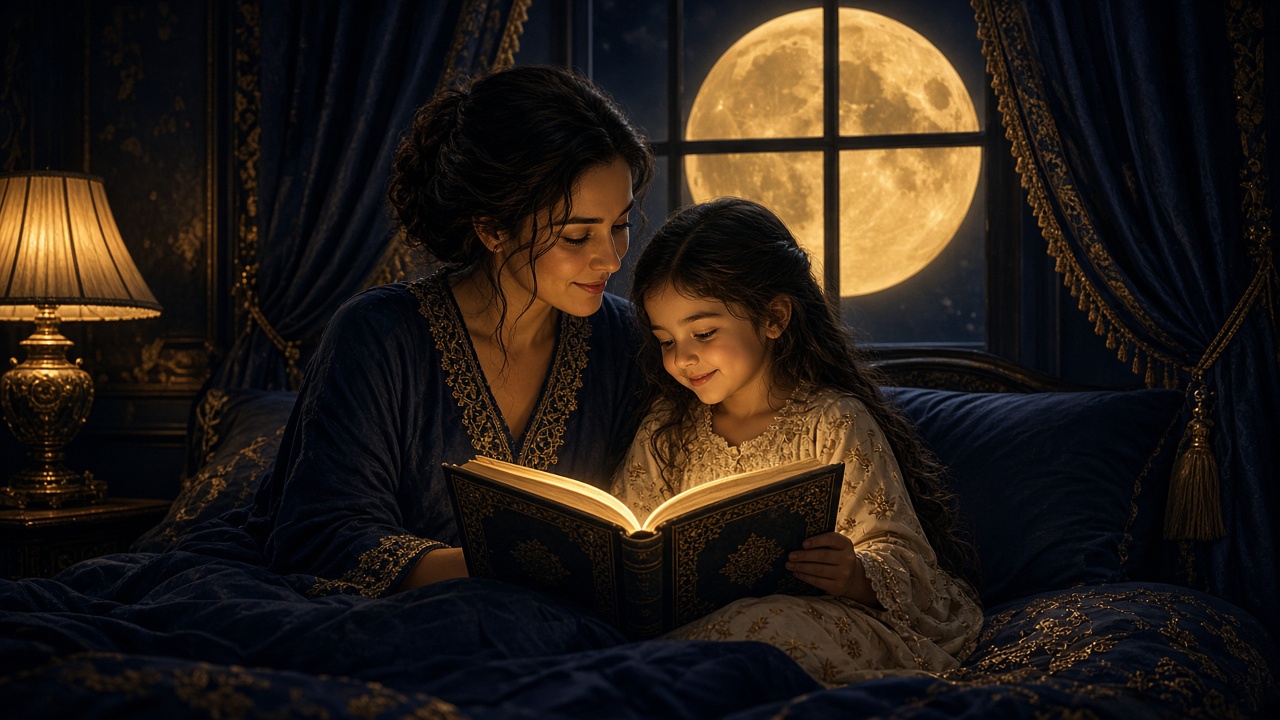 A child tucked into bed beneath a moonlit window