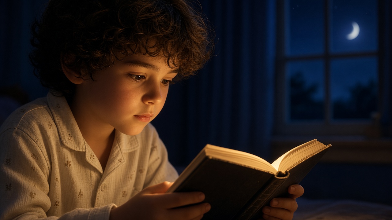 A child in cream pajamas reading a glowing storybook by moonlight