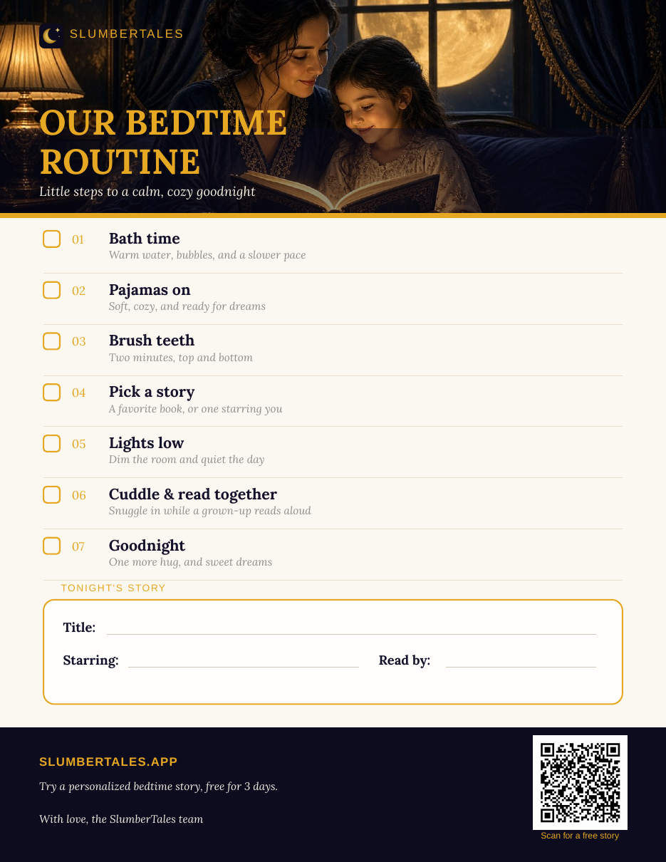 Printable bedtime routine card with a checklist and a space to write tonight’s story