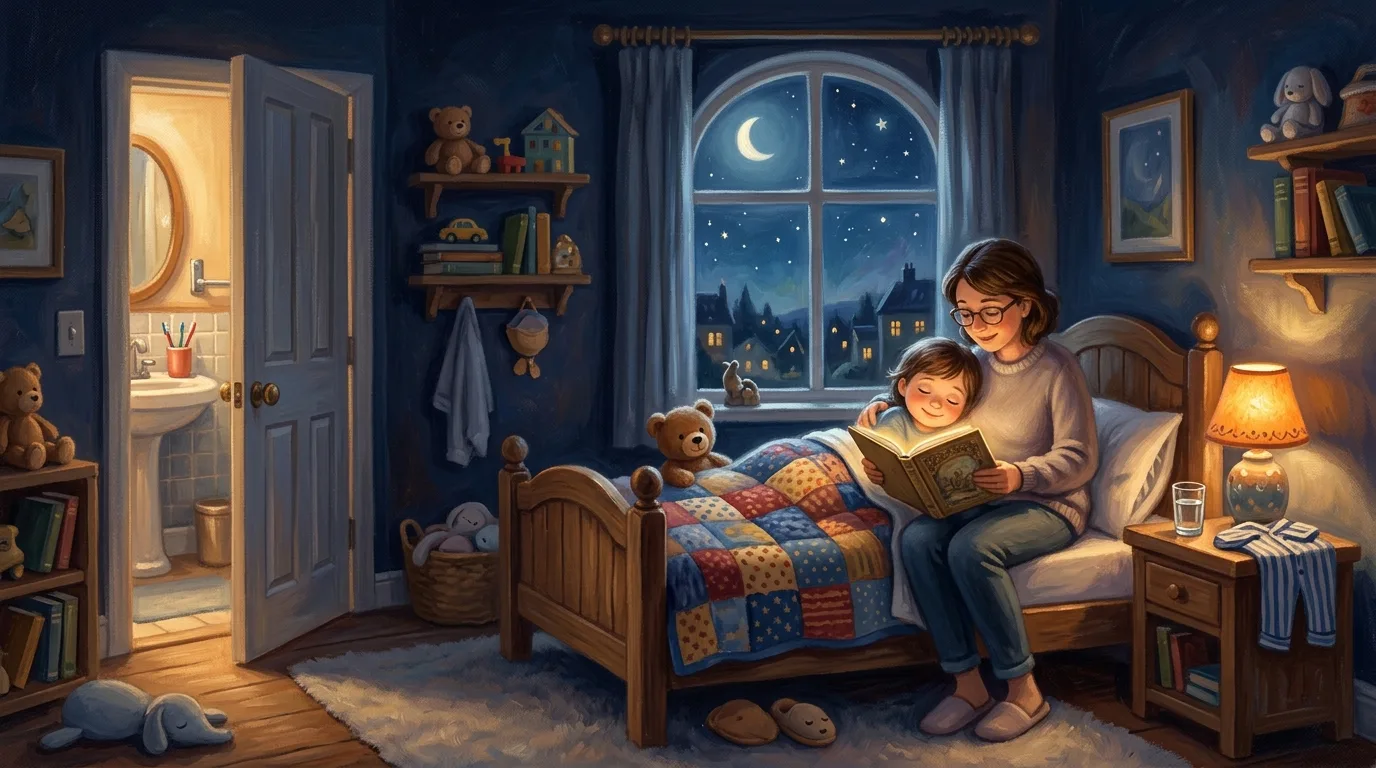 A parent reads a picture book aloud to a sleepy child tucked under a quilt, by lamplight, at the end of the bedtime routine.
