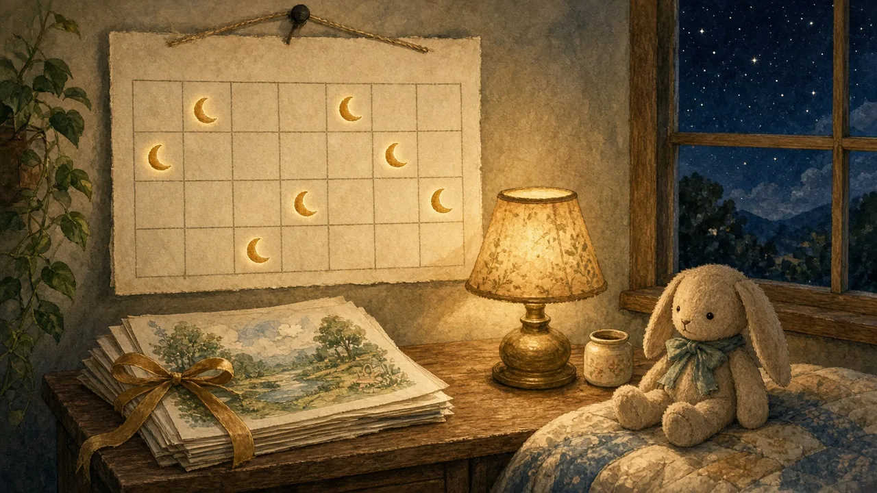A wall calendar with small gold moon stickers above a bedside table, a ribbon-tied stack of printed storybook pages, a lamp, and a plush rabbit on a quilt.
