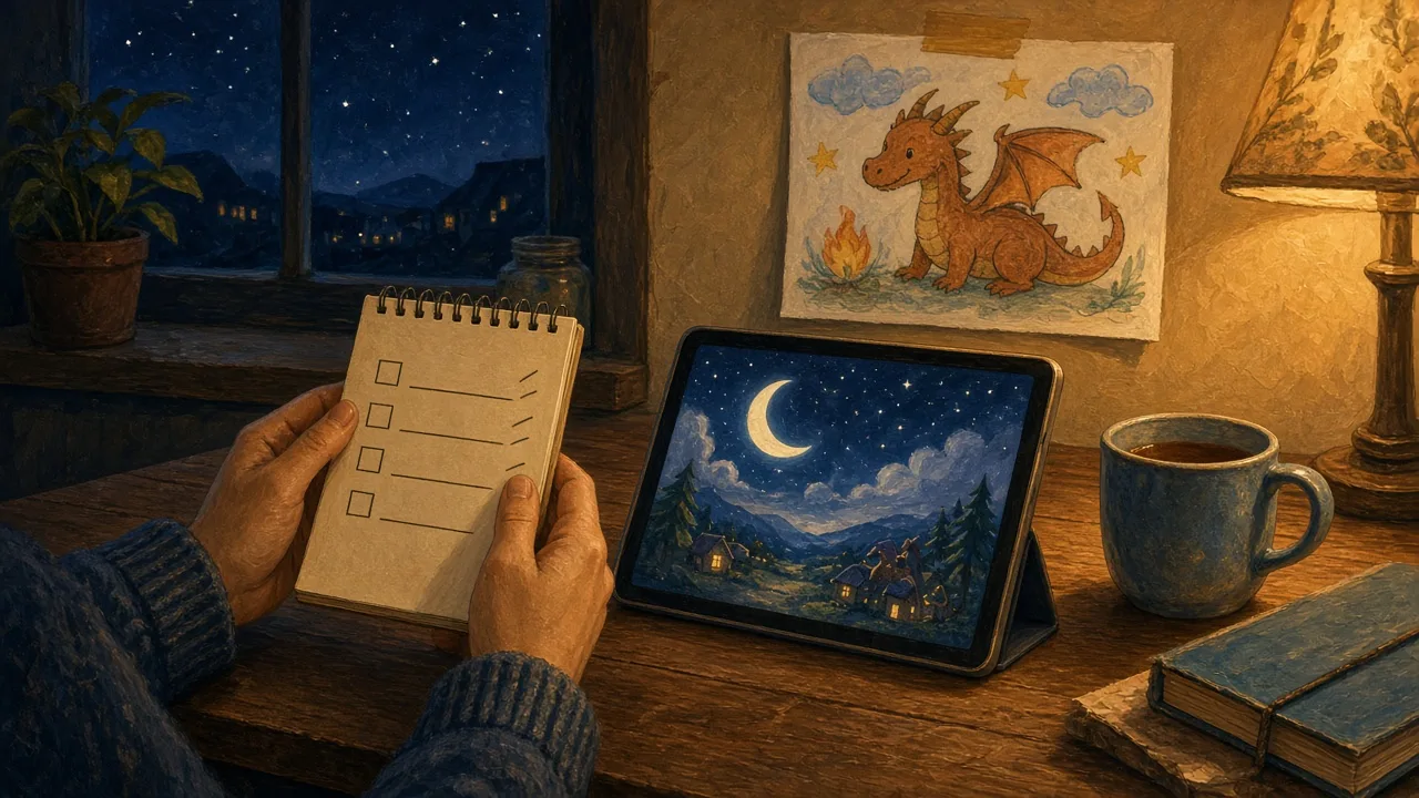 An adult's hands hold a small checklist notepad at a kitchen table in the evening, beside a tablet showing a moonlit storybook scene, a mug of tea, and a child's dragon drawing on the wall.