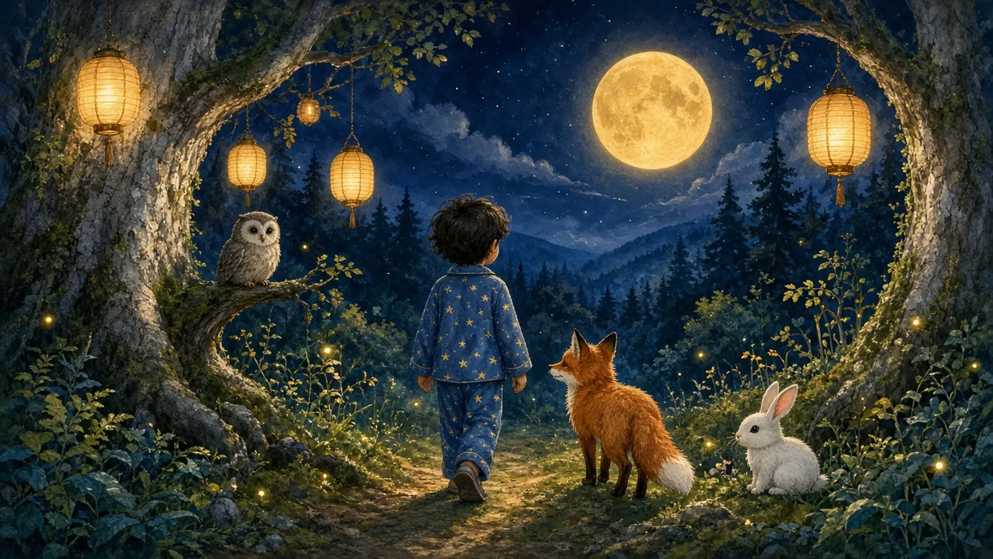 A child in star pajamas with a fox, an owl, and a small dragon on a moonlit path in an enchanted forest